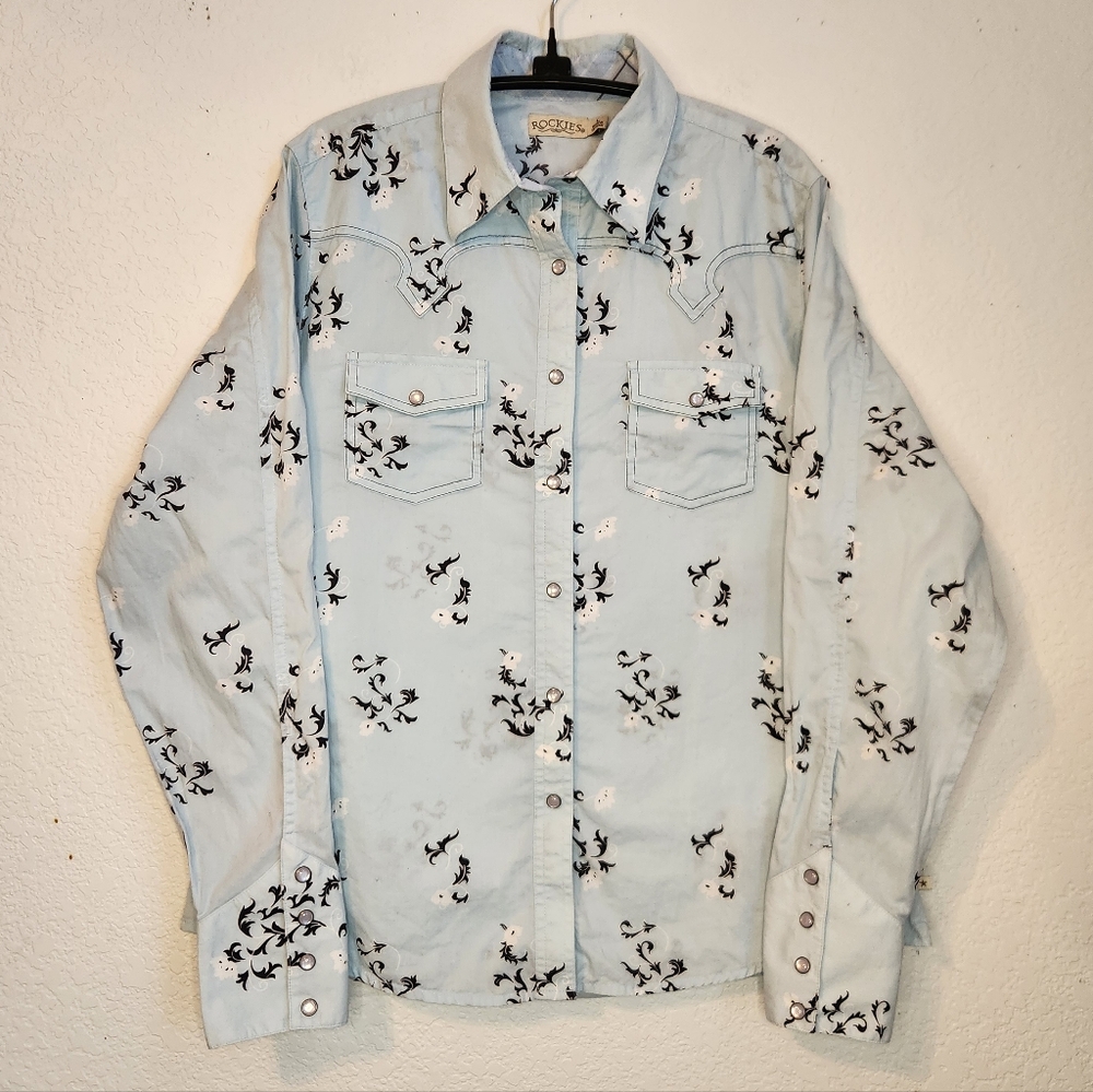 Rockies Light‎ Blue Western Pearlsnap Shirt with Black and White Floral Print, L